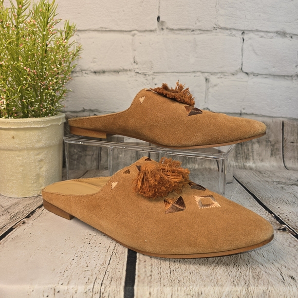 SOLUDOS WOMENS BROWN PALAZZO SUEDE MULES SOUTHWEST EMBROIDERY WOMENS 9 - Picture 1 of 8